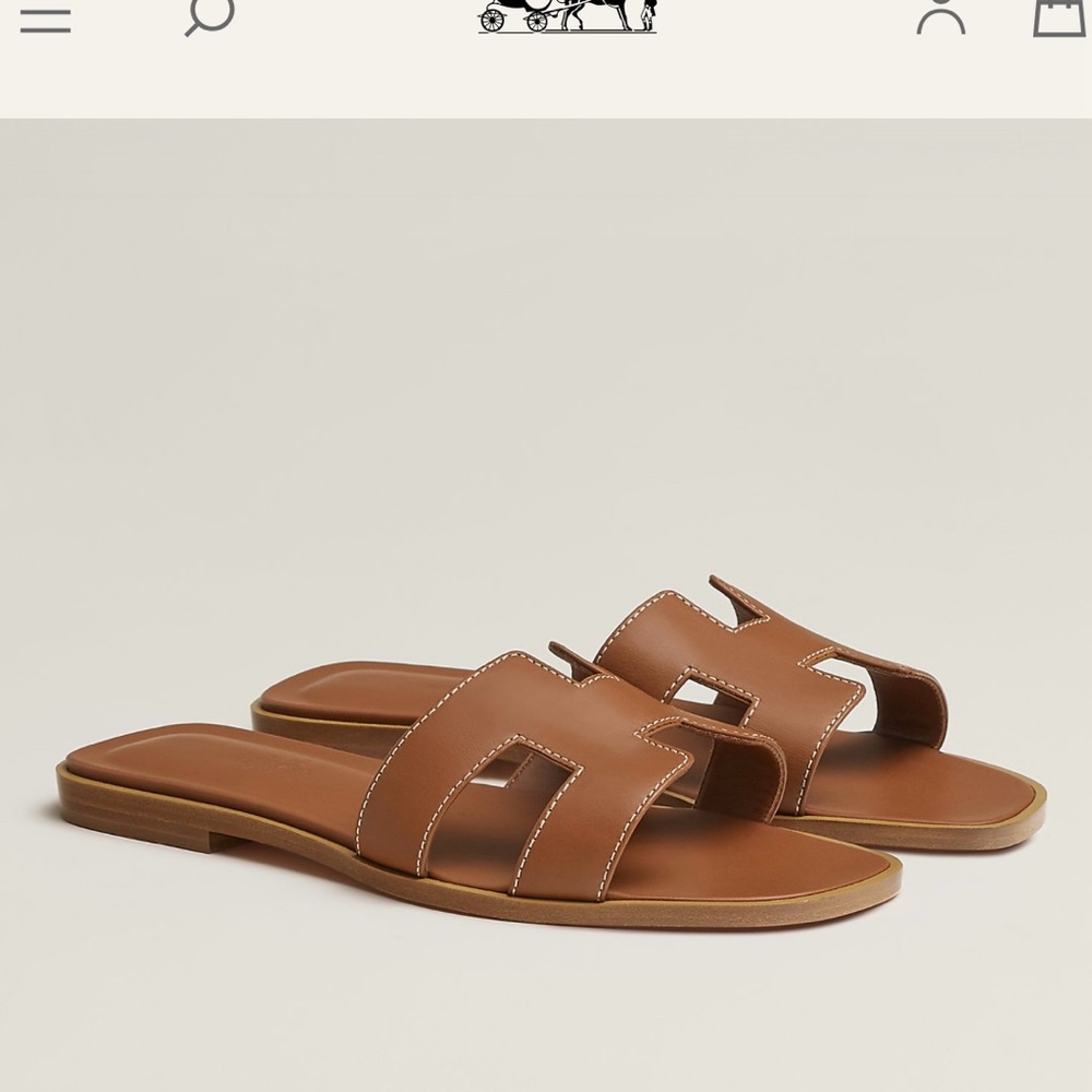 HERMES Oran Sandals Gold Brown Tan Slippers Leather Authentic 37.5 7.5 EUC